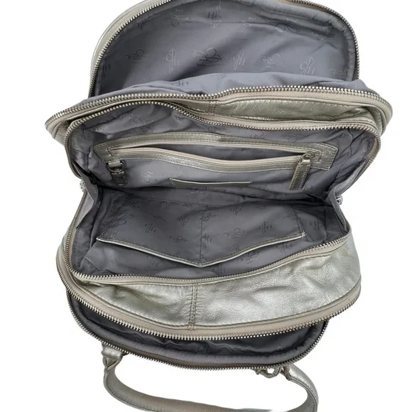 Cole Haan Silver Leather Zipper Top 3 Compartment Satchel Bag Purse Women's - Picture 5 of 13